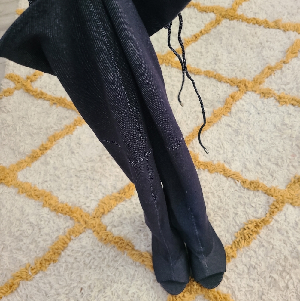Dark denim peep Toe over knee boots